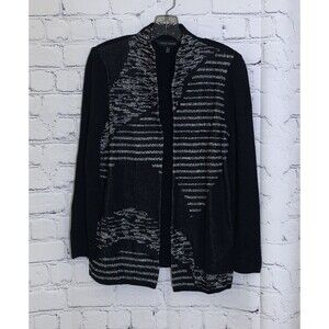 Ming Wang Knit Cardigan Small Black White Geometric Open Front Jacket